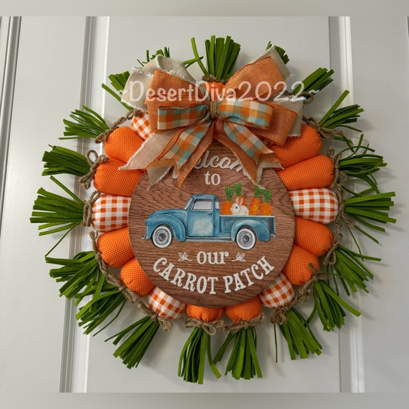#W005 Spring Wreath “Welcome to Our Carrot Patch” Orange & Teal + Farm Truck